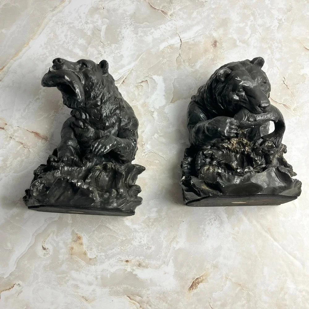 2000 Avery Creations Grizzly Bear Fishing Bookends Molded Resin Faux Bronze